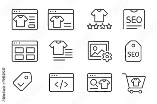 E-commerce SEO Icons. Line style icons of e-commerce SEO: product schema icon, rich product snippet, product review stars, product