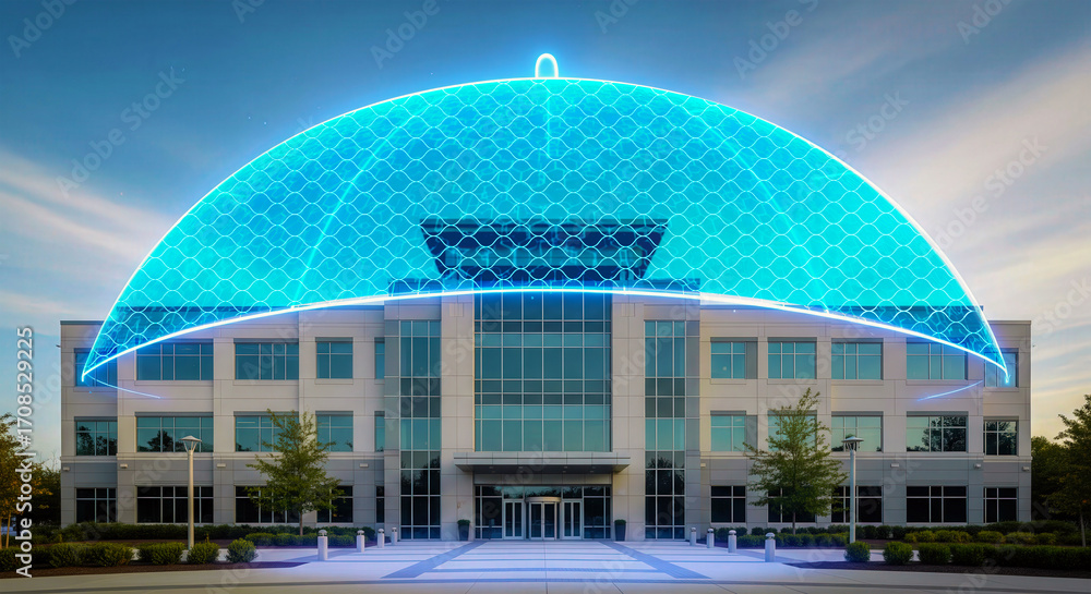 Obraz premium Smart Cybersecurity Infrastructure - Corporate Building Under Digital Umbrella