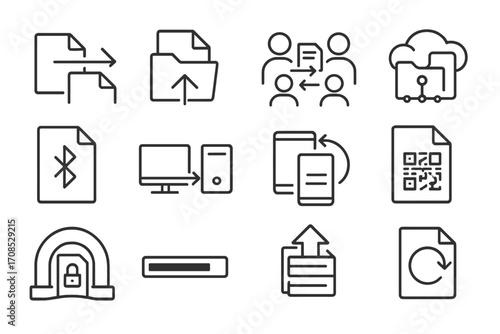 File Transfer Icons. Line style icons of file transfer methods: direct transfer icon, FTP icon, P2P file icon, network copy icon,