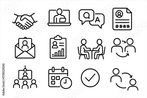 Investor Interaction Icons. Line style icons of investor interaction: handshake deal icon, video pitch call, Q&A chat icon,