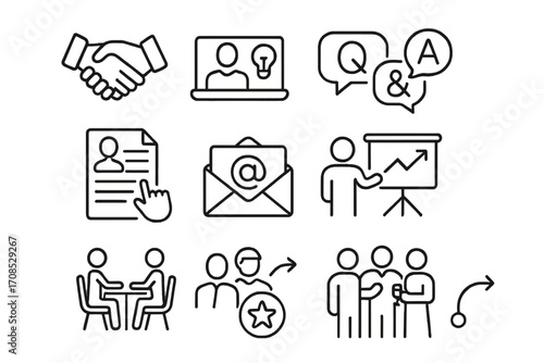Investor Interaction Icons. Line style icons of investor interaction: handshake deal icon, video pitch call, Q&A chat icon,