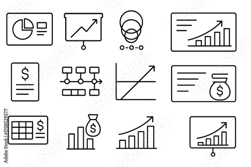 Pitch Visual Icons. Line style icons of pitch visuals and data: pie chart slide, revenue projection graph, TAM SAM SOM icon,
