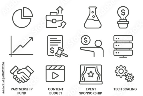 Funding Use Icons. Line style icons of funding use breakdown: marketing spend pie, hiring budget icon, R&D funding icon, product