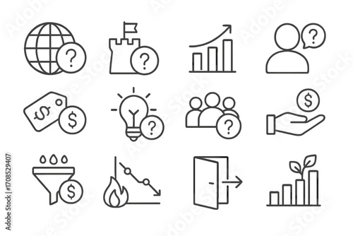 Investor Questions Icons. Line style icons of investor questions: how big is the market icon, what’s your moat icon, how will you