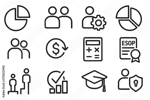 Startup Equity Icons. Line style icons of startup equity planning: equity pie chart icon, founder shares icon, employee options
