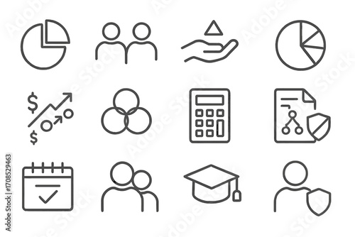 Startup Equity Icons. Line style icons of startup equity planning: equity pie chart icon, founder shares icon, employee options
