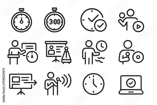 Pitch Timing Icons. Line style icons of pitch timing and rhythm: countdown timer icon, 3-minute pitch icon, time check icon,