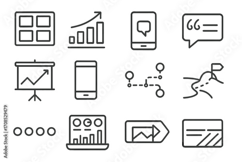 Pitch Deck Icons. Line style icons of pitch deck visuals: icon set slide, data visualization chart, key quotes section, graph