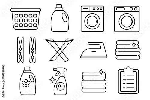 Line Style Laundry Icons. Line style icons of laundry essentials: laundry basket, detergent washing bottle, machine icon, dryer