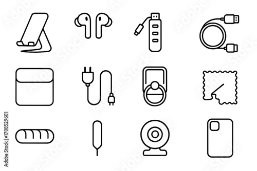 Tech Accessories Icons. Line style icons of everyday tech accessories: phone stand, wireless earbuds, USB hub, HDMI cable, laptop