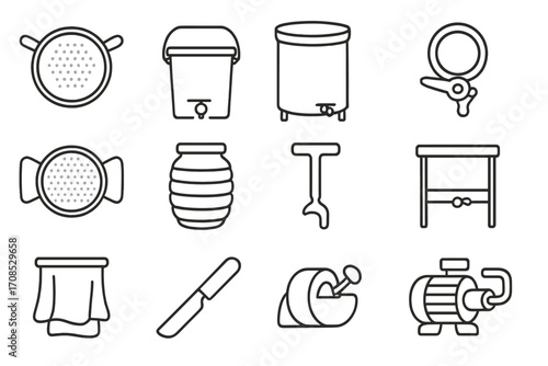 Honey Processing Icons. Line style icons of honey processing tools: honey strainer, bottling bucket, settling tank, honey gate