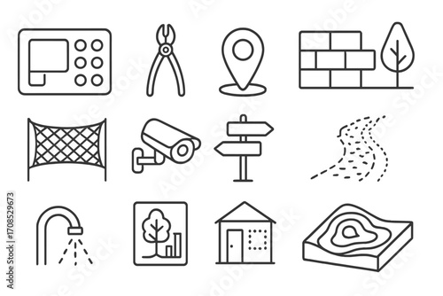 Apiary Planning Tools. Line style icons of apiary site planning tools: layout map, fencing tool, site marker, windbreak wall,