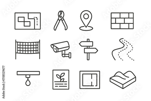 Apiary Planning Tools. Line style icons of apiary site planning tools: layout map, fencing tool, site marker, windbreak wall,