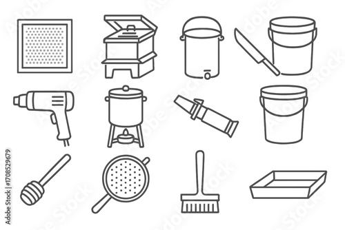 Harvesting Tools Icons. Line style icons of harvesting tools: bee escape board, fume board, honey bucket, uncapping knife, hot air