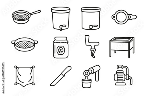 Honey Processing Icons. Line style icons of honey processing tools: honey strainer, bottling bucket, settling tank, honey gate