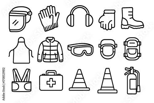 Ice Sculpting Safety Icons. Line style icons of ice sculpting safety gear: face shield, thermal gloves, earmuffs, steel-toe boots,