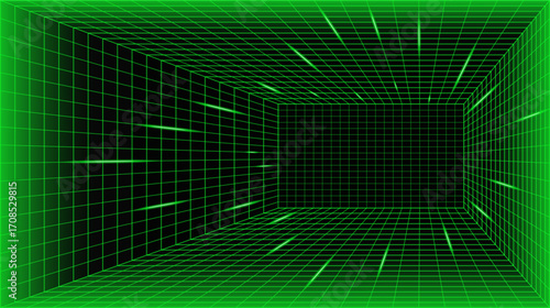 Cyberpunk Grid Room Glowing Line Background. 3D Game Neon Wireframe Space Digital Vector Texture Perspective Tunnel. Retro Futuristic Virtual Techno Landscape. Cyberspace Abstract Matrix VR Wallpaper