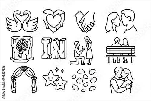 Romantic Sculpture Icons. Line style icons of romantic sculptures: kissing swans, frozen heart, intertwined hands, couple profile,