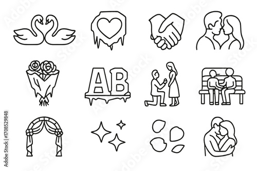 Romantic Sculpture Icons. Line style icons of romantic sculptures: kissing swans, frozen heart, intertwined hands, couple profile,