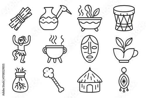 African Medicine Icons. Line style icons of African traditional medicine: bark bundle, calabash container, tribal healer staff,