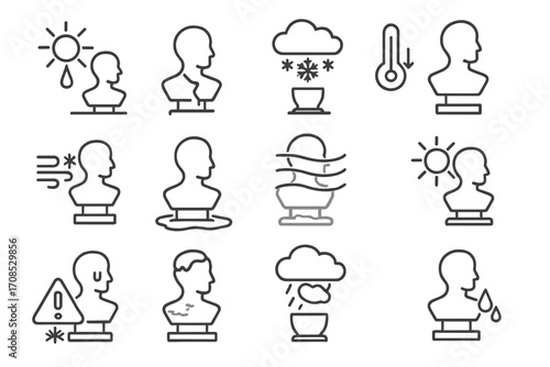 Weather Effects on Sculpture. Line style icons of weather influence on sculpture: sun with drip, frost crack, snowfall icon,