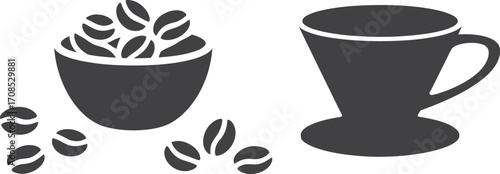 Simple silhouette of coffee beans and pour over coffee maker