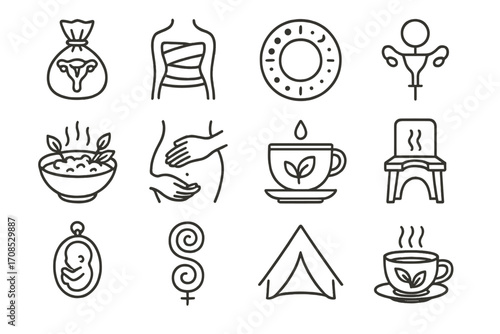 Women's Wellness Icons. Line style icons of women’s traditional wellness: womb care herb pouch, postpartum wrap, moon cycle chart,