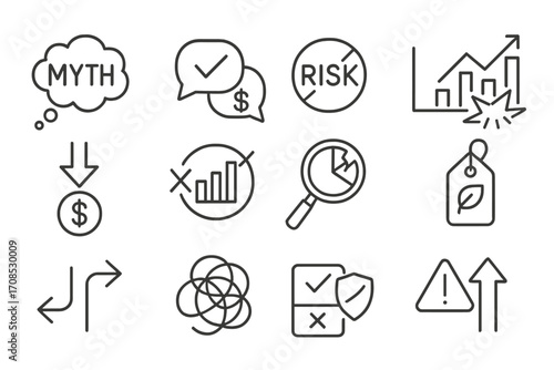 Ethical Investing Myths. Line style icons of ethical investing myths: myth bubble icon, ethics vs profit debate, high-risk label