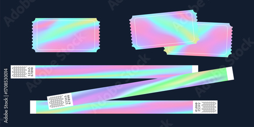 Festival Wrist Band Party Bracelet Mockups Set. Hologram Gradient Music Concert Event Wristband Bright Color Pass Templates. Vector Entry Stickers. Neon Style Access Arm Paper Admission Lanyards