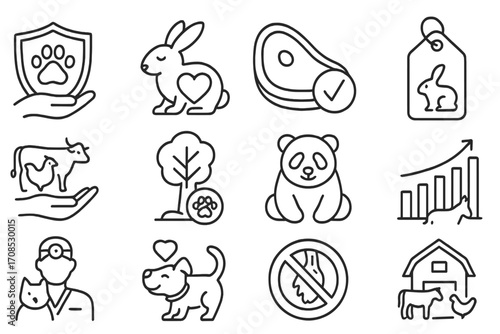 Animal Welfare Icons. Line style icons of animal welfare investing: animal protection badge, cruelty-free product, ethical meat