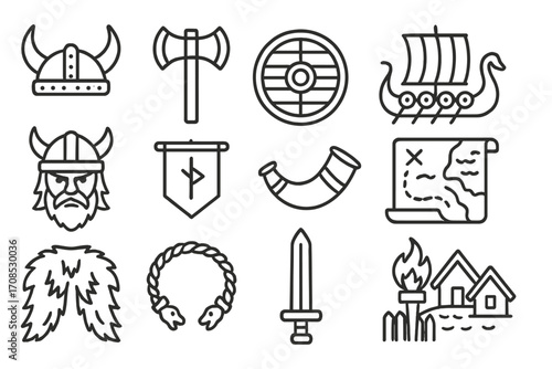 Viking Warfare Icons. Line style icons of Viking warfare: horned helmet, double-edged axe, round wooden shield, longboat icon,