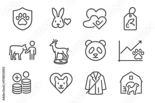 Animal Welfare Icons. Line style icons of animal welfare investing: animal protection badge, cruelty-free product, ethical meat