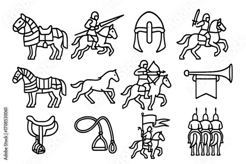 Cavalry Icon Set. Line style icons of cavalry units: armored horse, lance charge, cavalry helmet, mounted warrior, horse barding,