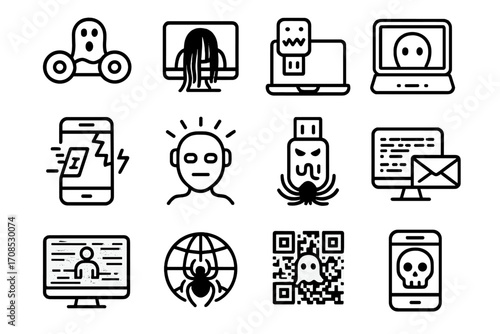Tech Urban Legends Icons. Line style icons of urban legends involving technology: haunted voicemail, cursed video, ghost in webcam