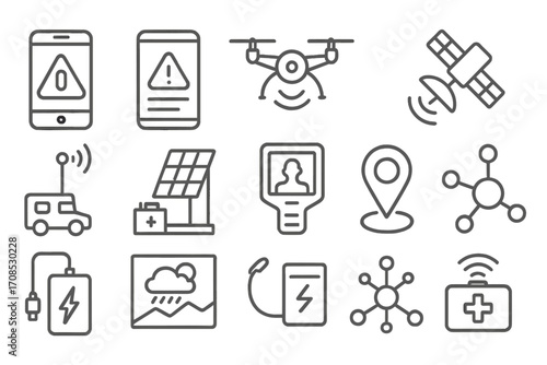 Disaster Response Technology. Line style icons of technological response in disasters: disaster response app, live alert feed,