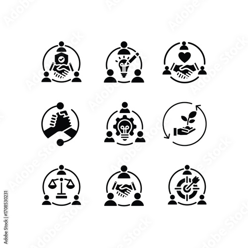 Tolerance and Unity Icons Set – Collaboration, Ethics, and Social Responsibility Symbols