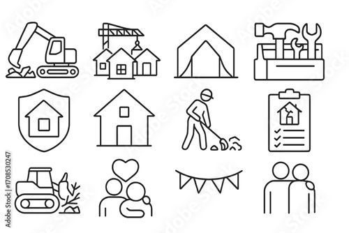 Post-Disaster Recovery Icons. Line style icons of post-disaster recovery: debris removal icon, community rebuild icon,