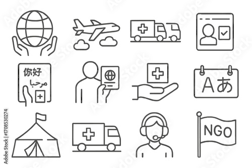 International Aid Icons. Line style icons of international relief efforts: global aid icon, airlift icon, relief convoy symbol,