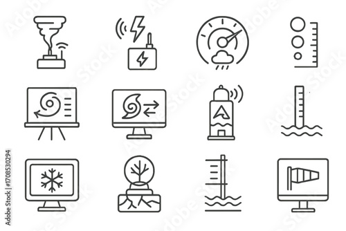 Extreme Weather Icons. Line style icons of extreme weather analysis: tornado sensor, lightning detector, storm intensity dial,