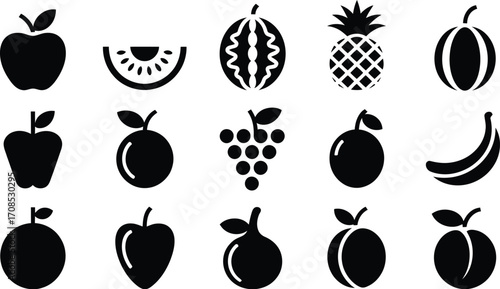 Collection of simple black fruit icons on a white background