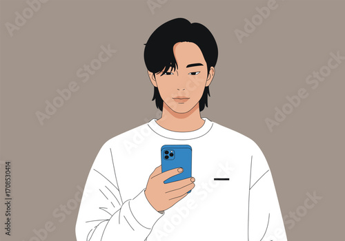 A young man with black hair is looking at his blue smartphone, wearing a white sweatshirt, showcasing modern communication and technology in a casual setting