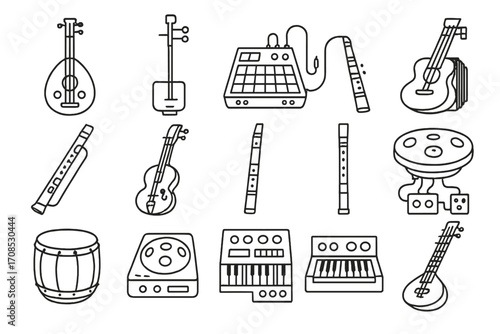 Hybrid Musical Instruments. Line style icons of hybrid cultural instruments: oud-sitar fusion, electric erhu, synthesizer dulcimer