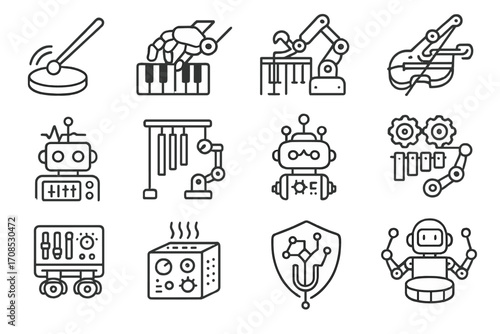 Robotic Musical Instruments. Line style icons of robotic musical tools: auto-striking drumstick, mechanical piano hand, robotic