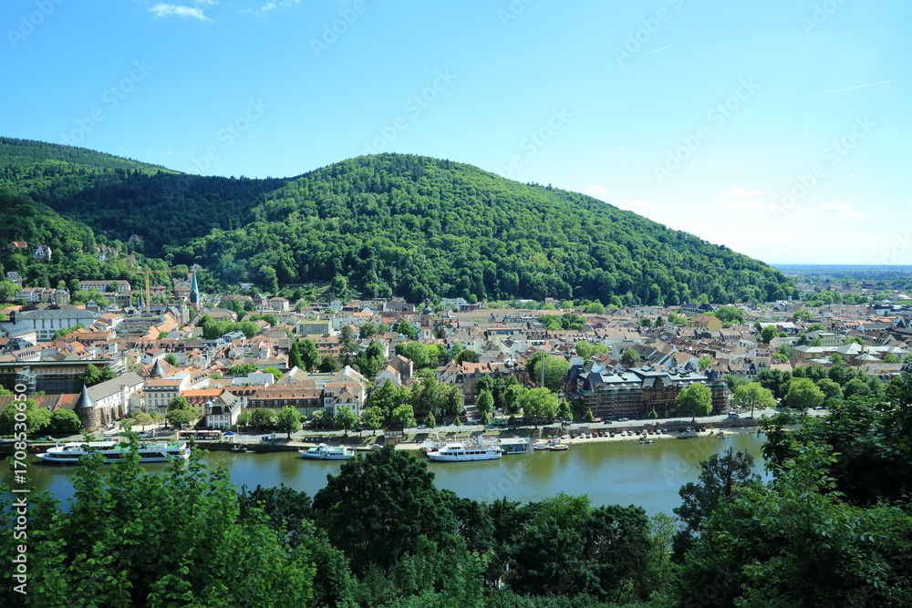 Obraz premium Heidelberg riverside urban view with forested hill