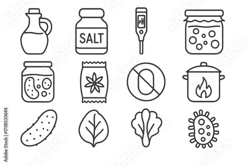Pickling vs Fermentation Icons. Line style icons of pickling and fermentation difference: vinegar bottle, salt jar, pH meter,