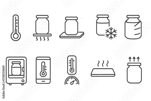 Fermentation Temperature Icons. Line style icons of temperature control in fermentation: thermometer icon, warm shelf, heating pad