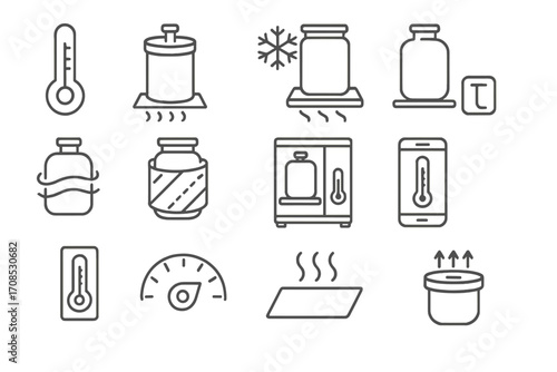Fermentation Temperature Icons. Line style icons of temperature control in fermentation: thermometer icon, warm shelf, heating pad