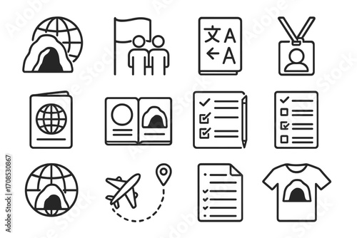 Global Cave Exploration Icons. Line style icons of global cave exploration: cave icon with globe, international team flag,