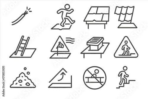 Rooftop Hazard Icons. Line style icons of rooftop hazards: exposed wire icon, slippery panel, unstable ledge, missing tiles,