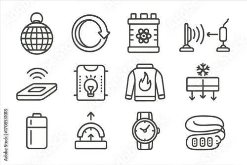 Energy Device Icons. Line style icons of energy-based devices: portable solar orb, kinetic power ring, mini fusion battery,